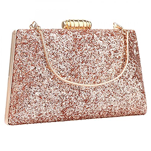 Sparkling Evening Bag Glitter Evening Handbag Party Clutch Shoulder Bag with Removable Chain (Rose gold)