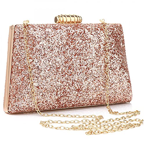 Sparkling Evening Bag Glitter Evening Handbag Party Clutch Shoulder Bag with Removable Chain (Rose gold)