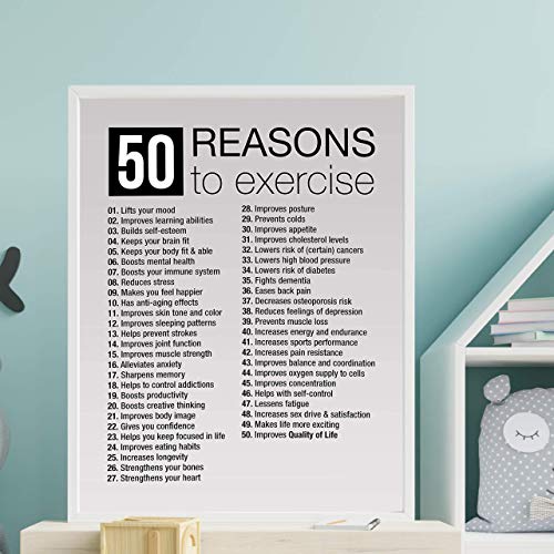 "50 Reasons to Exercise" Motivational Quotes Exercise Wall Sign -11 x 14" Inspirational Fitness Poster Print-Ready to Frame. Positive Decor for Home-Gym-Weight Room. Great Gift of Motivation!