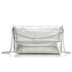 woo foldover evening clutch bag soft metallic pu shoulder crossbody tote bag for different parties mini pouch, silver