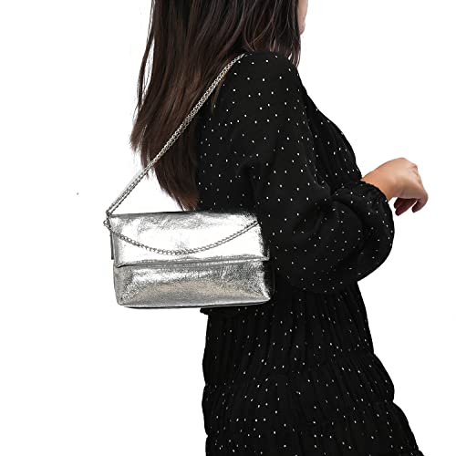 WOO Foldover Evening Clutch Bag Soft Metallic PU Shoulder Crossbody Tote Bag for Different Parties Mini Pouch, Silver