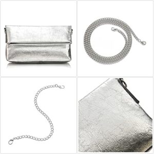 WOO Foldover Evening Clutch Bag Soft Metallic PU Shoulder Crossbody Tote Bag for Different Parties Mini Pouch, Silver