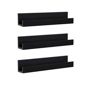kate and laurel levie modern floating wood wall shelves, 18 inches, set of 3, black, chic picture frame ledges for wall