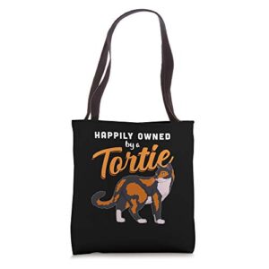 happily owned by a tortie cat tote bag