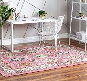 Unique Loom Aarhus Collection Geometric Border Rug_AAR004, 6 x 9 Feet, Rose/Ivory