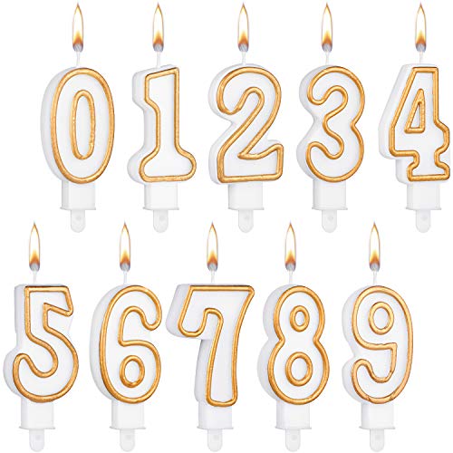 10 Pieces Cake Number Candles Birthday Numeral Candles Numbers 0-9 White Candles with Golden Edges Cake Topper Candle Decoration for Wedding Birthday Party Supply