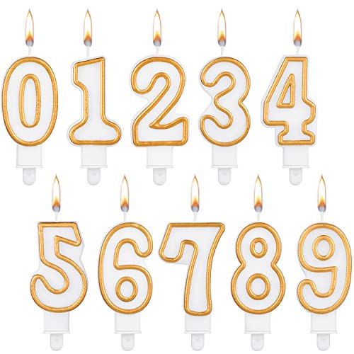 10 Pieces Cake Number Candles Birthday Numeral Candles Numbers 0-9 White Candles with Golden Edges Cake Topper Candle Decoration for Wedding Birthday Party Supply