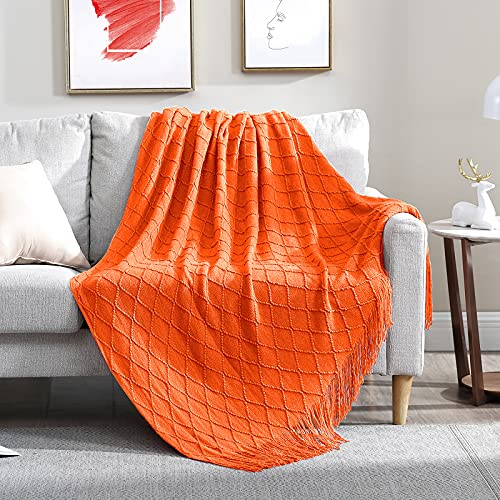 Walensee Throw Blanket for Couch, 50 x 60 Orange, Acrylic Knit Woven Summer Blanket, Lightweight Decorative Soft Nap Throw with Tassel for Chair Bed Sofa Travel Picnic, Suitable for All Seasons