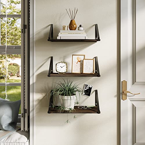 BAMEOS Floating Shelves Rustic Wood Wall Shelf Set of 3, Small Bookshelf for Living Room, Office, and Bedroom, with Metal Bracket