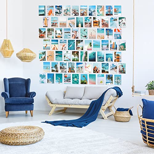 LIIGEMI 70PCS Blue Wall Collage Kit Aesthetic Pictures,Summer Beach Collage Print Kit,Bedroom Decor for Teen Girls,VSCO Girls Bedroom Decor,Room Decor Aesthetic,Double- Sided,70 Set 4x6 Inch