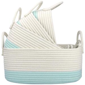 la jolie muse 15 inch cotton rope woven storage basket set of 4, stackable multipurpose organizer bins with handles, white & mint green