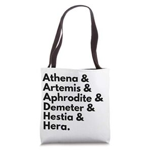 greek mythology goddess list: athena aphrodite artemis hera tote bag