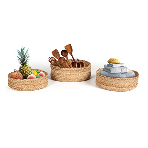 Round Coiled Jute Rope Basket Bowls - 3 Decorative Storage Baskets Sustainable, Eco-Friendly Nesting Baskets for Living Room, Bedroom, Shelf, Entryway Coffee Table Top Décor