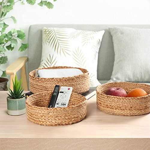 Round Coiled Jute Rope Basket Bowls - 3 Decorative Storage Baskets Sustainable, Eco-Friendly Nesting Baskets for Living Room, Bedroom, Shelf, Entryway Coffee Table Top Décor