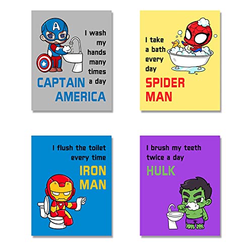 paintlig Superhero Wall Decor - Unframed Boy's Bathroom Decor, 8X10 inch Motivational Wall Decor, Set of 4 Marvel Wall Decor Art Prints for Kids Bathroom