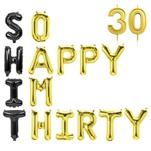 dombit 30th birthday candles with so happry i’m thirty balloons, 2.75” gold number candles for cake topper decoration happy birthday party wedding anniversary supplies