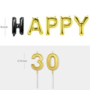 DOMBIT 30th Birthday Candles with So Happry I’m Thirty Balloons, 2.75” Gold Number Candles for Cake Topper Decoration Happy Birthday Party Wedding Anniversary Supplies