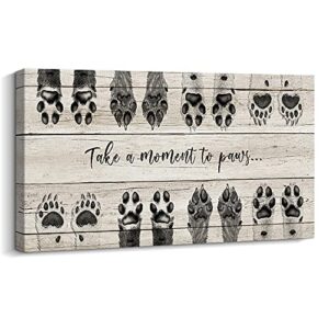 artinme dog lover sign wall decor ,take a moment to paws sign pet paw print artwork footprints canvas wall art ,framed animal prints puppy gifts for front door home decoration (black)
