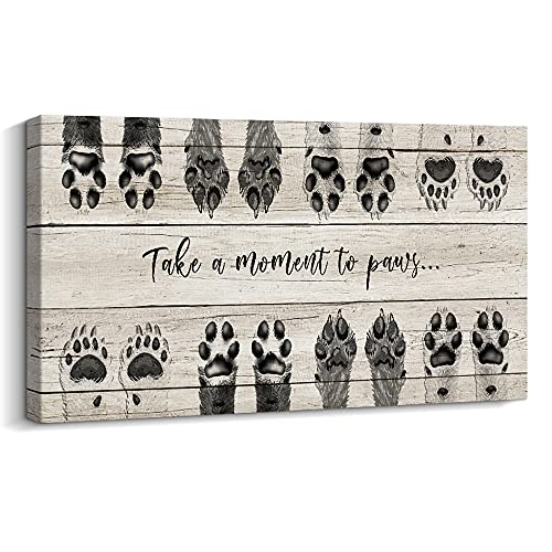 ARTINME Dog Lover Sign Wall Decor ,Take A Moment To Paws sign Pet Paw Print Artwork Footprints Canvas Wall Art ,Framed Animal prints Puppy Gifts for Front Door home decoration (Black)