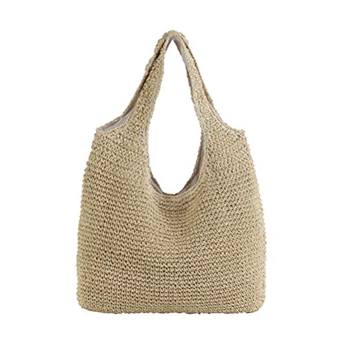 KESYOO Women Handcraft Tote Bag Natural Chic Straw Bag Hand-Woven Crochet Handbag Casual Shoulder Bag Hobo Bag (Beige) Beach Bag