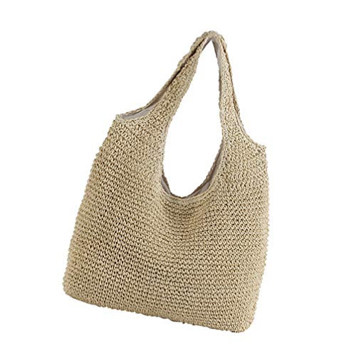 KESYOO Women Handcraft Tote Bag Natural Chic Straw Bag Hand-Woven Crochet Handbag Casual Shoulder Bag Hobo Bag (Beige) Beach Bag