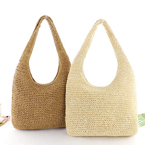 KESYOO Women Handcraft Tote Bag Natural Chic Straw Bag Hand-Woven Crochet Handbag Casual Shoulder Bag Hobo Bag (Beige) Beach Bag