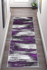champion rugs modern rugs for living room abstract brush stripes soft plush purple grey black area rug rugs carpet for office and kitchen (2’ x 7’ runner)