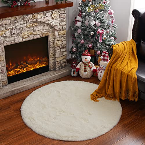 Goideal Soft Round Shaggy Rug, 4 x 4 Feet Cream Fluffy Circle Rug for Boys Girls, Fuzzy Cute Bedroom Rug, Circle Plush Floor Carpet for Nursery Room Decor