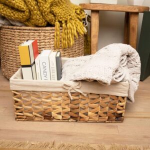 Natural Hyacinth Wicker Storage Baskets, Set Of 3 Hand Woven Water Hyacinth Baskets for Living Room, Organizing Decorative, Woven Basket Organizer Bins with Detachable Lining, Large Medium Small