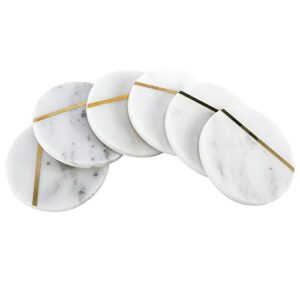 highfree 6 pack absorbent marble coasters with gold brass inlay, handcrafted white marble coasters for coffee table drinks/bar glasses, 4 inches