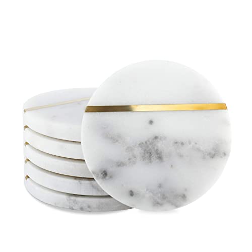 HighFree 6 Pack Absorbent Marble Coasters with Gold Brass Inlay, Handcrafted White Marble Coasters for Coffee Table Drinks/Bar Glasses, 4 Inches