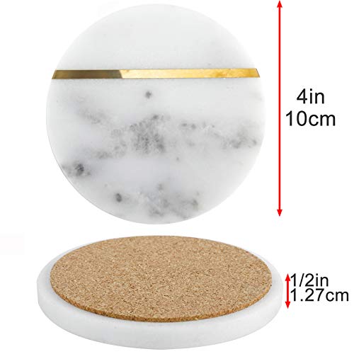 HighFree 6 Pack Absorbent Marble Coasters with Gold Brass Inlay, Handcrafted White Marble Coasters for Coffee Table Drinks/Bar Glasses, 4 Inches