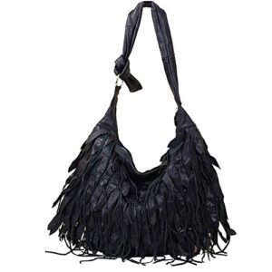 segater® women black sheepskin hobo bag genuine leather patchwork tassel shoulder bag stripe leisure handbag and purses splice crossbody bags