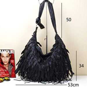 Segater® Women Black Sheepskin Hobo Bag Genuine Leather Patchwork Tassel Shoulder Bag Stripe Leisure Handbag and Purses Splice Crossbody Bags