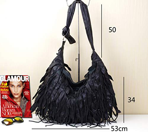 Segater® Women Black Sheepskin Hobo Bag Genuine Leather Patchwork Tassel Shoulder Bag Stripe Leisure Handbag and Purses Splice Crossbody Bags