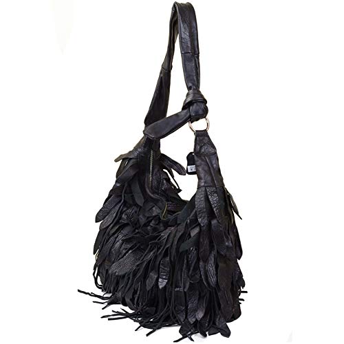 Segater® Women Black Sheepskin Hobo Bag Genuine Leather Patchwork Tassel Shoulder Bag Stripe Leisure Handbag and Purses Splice Crossbody Bags