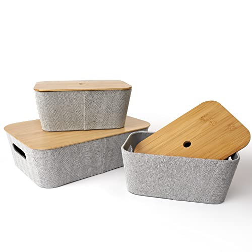 LA JOLIE MUSE Modern Storage Basket with Bamboo Lids, Decorative Stackable Basket Container for Shelves Table Bookcase Office Organizing, Mid-Century Storage Organizer Bins Set of 3, Light Gray