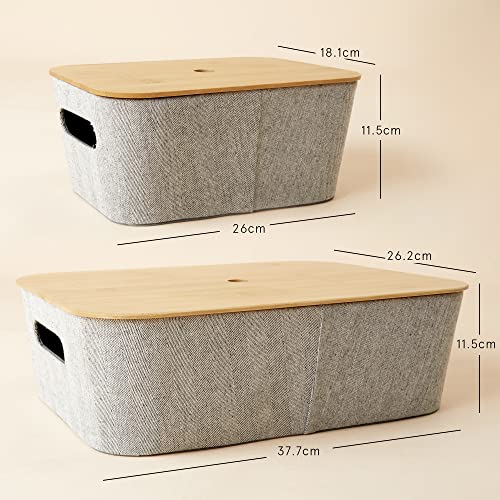 LA JOLIE MUSE Modern Storage Basket with Bamboo Lids, Decorative Stackable Basket Container for Shelves Table Bookcase Office Organizing, Mid-Century Storage Organizer Bins Set of 3, Light Gray