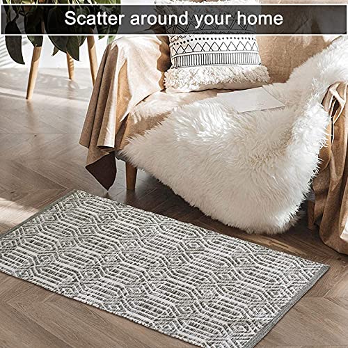 Chardin home Grey, Green & Ivory Boho Throw Rug 2x3 feet |Hand Woven Farmhouse Rug | Great in Kitchens entryways doormats Bathrooms Meditation Mat | Machine Washable & Reversible Cotton Rugs