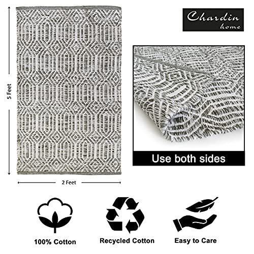 Chardin home Grey, Green & Ivory Boho Throw Rug 2x3 feet |Hand Woven Farmhouse Rug | Great in Kitchens entryways doormats Bathrooms Meditation Mat | Machine Washable & Reversible Cotton Rugs