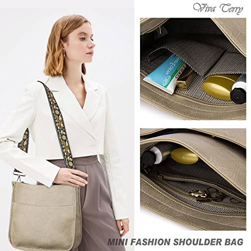 Viva Terry Vegan Leather Crossbody Fashion Shoulder Bag Purse with Adjustable Strap (Light Khaki)