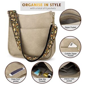 Viva Terry Vegan Leather Crossbody Fashion Shoulder Bag Purse with Adjustable Strap (Light Khaki)