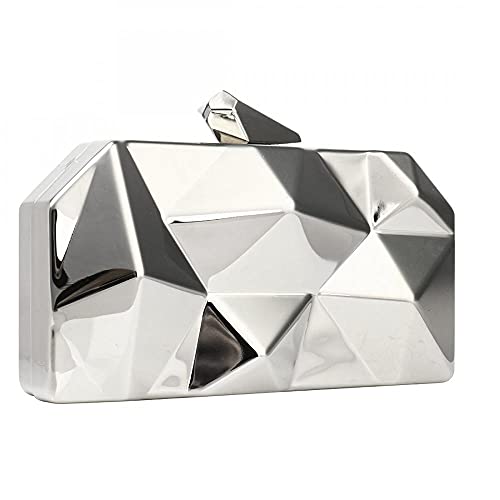 Women Geometric Lattice Pattern Metal Evening Bag Bridal Prom Crossbody Bag Party Clutch Wedding Purse with Chain (Silver)