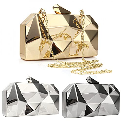 Women Geometric Lattice Pattern Metal Evening Bag Bridal Prom Crossbody Bag Party Clutch Wedding Purse with Chain (Silver)