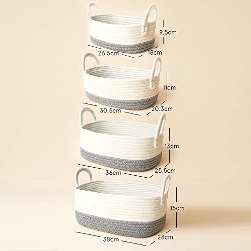 LA JOLIE MUSE 15 Inch Cotton Rope Woven Storage Basket Set of 4, Stackable Multipurpose Organizer Bins with Handles, White & Gray