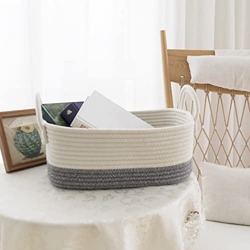 LA JOLIE MUSE 15 Inch Cotton Rope Woven Storage Basket Set of 4, Stackable Multipurpose Organizer Bins with Handles, White & Gray