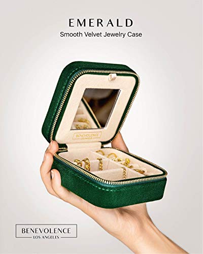 Plush Velvet Travel Jewelry Box Organizer | Travel Jewelry Case, Jewelry Travel Organizer | Small Jewelry Box for Women, Jewelry Travel Case | Earring Organizer with Mirror - Emerald Velvet