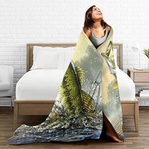 Bass Fish Fleece Blanket Foldrable Throw Blanket Washable Couch Sofa Fuzzy Blanket Reversible Plush Blanket Beach Blanket for Home Office