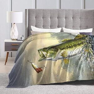 Bass Fish Fleece Blanket Foldrable Throw Blanket Washable Couch Sofa Fuzzy Blanket Reversible Plush Blanket Beach Blanket for Home Office