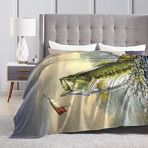 Bass Fish Fleece Blanket Foldrable Throw Blanket Washable Couch Sofa Fuzzy Blanket Reversible Plush Blanket Beach Blanket for Home Office